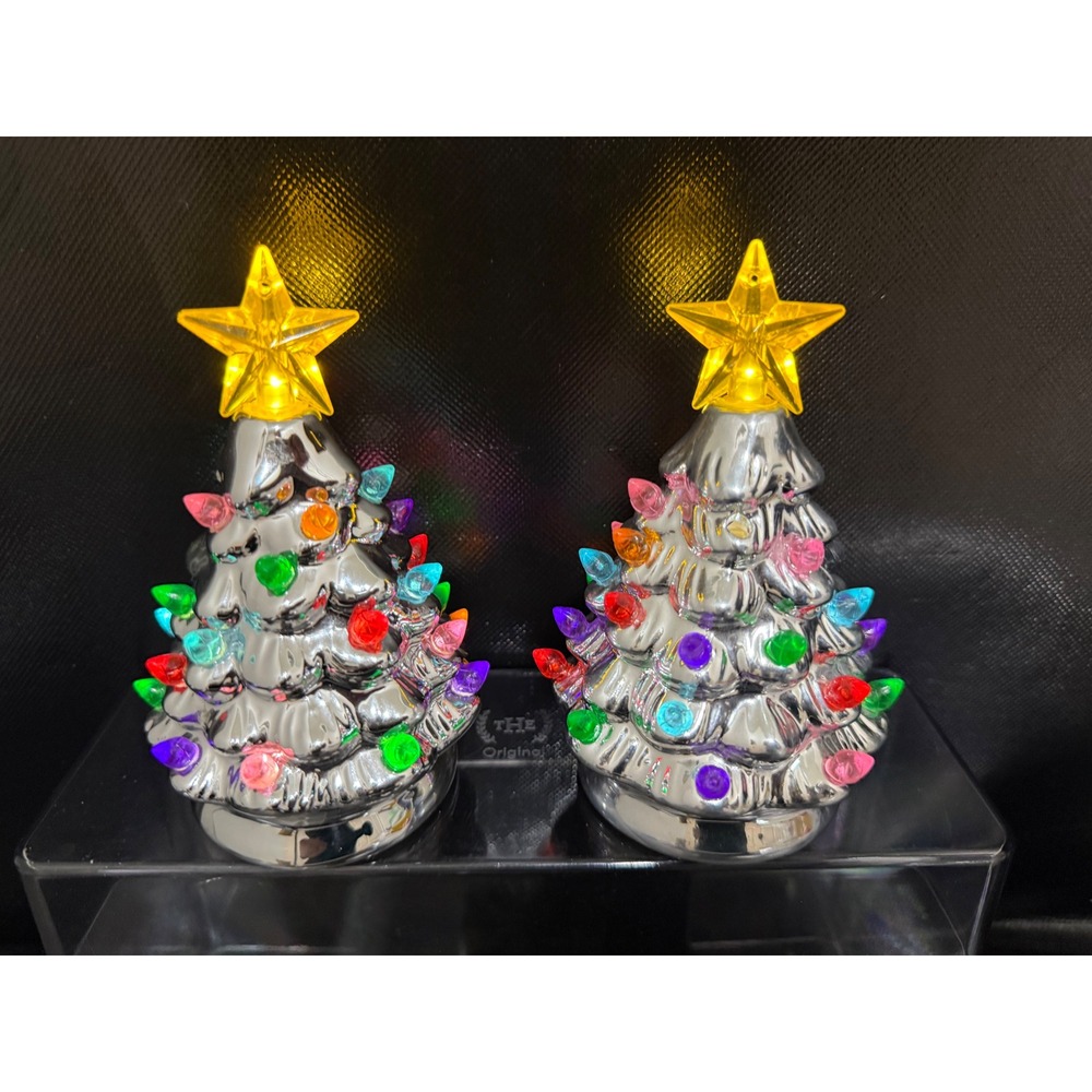 Set of 2 Ceramic Light Up Christmas Trees Silver Multicolored Lights Star Topper